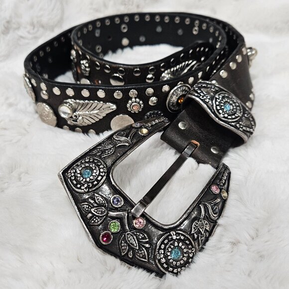 NANNI ITALY Black Silver Metal Accent Western Unisex Buckle Belt 85/34" - Picture 1 of 12